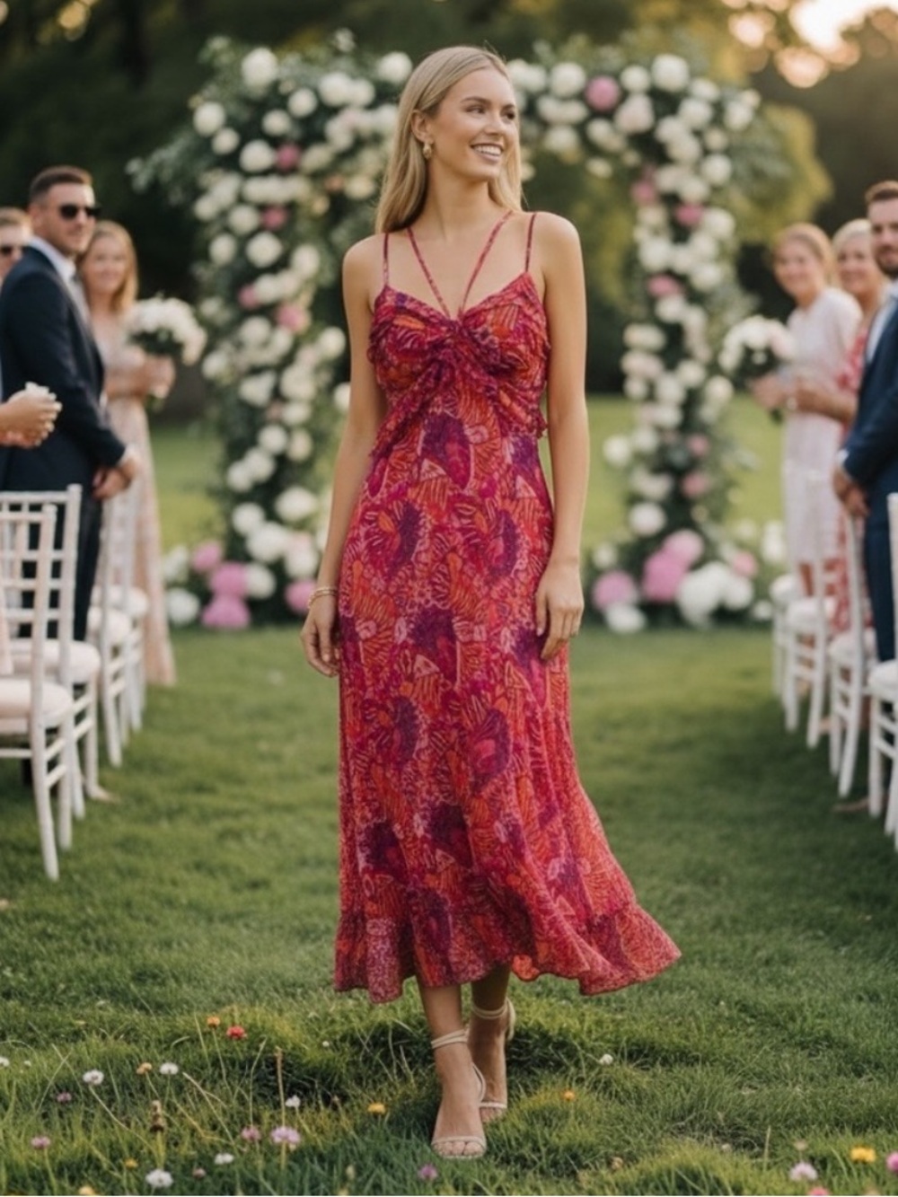 Misa Los Angeles Adrienne Midi Dress Revolve Long Wedding Guest Red Floral XS - Picture 4 of 10